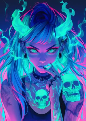 Neon Demon Girl Art Print - Premium Wooden Framed Poster. Ready to Hang.