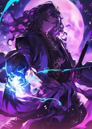 Anime Male Character with Purple Hair: Mystical Warrior - Premium Wooden Framed Poster. Ready to Hang.