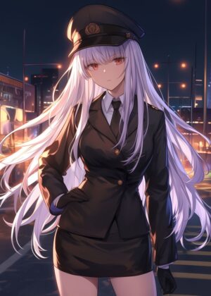 Anime Girl in Uniform: Night City Elegance - Premium Wooden Framed Poster. Ready to Hang.