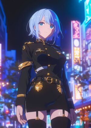 Anime Girl in Military Uniform: Stunning Digital Art Print - Premium Wooden Framed Poster. Ready to Hang.