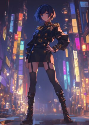 Anime Girl in Military Uniform: Night City - Premium Wooden Framed Poster. Ready to Hang.