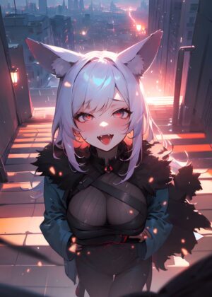 Anime Girl Neon Horizon: Cyberpunk Cityscape Art Print - Premium Wooden Framed Poster. Ready to Hang.