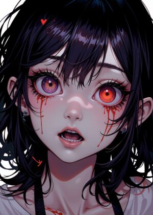 Anime Girl with Blood Tears: Digital Art Print - Premium Wooden Framed Poster. Ready to Hang.