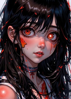 Anime Girl with Red Eyes: Fiery Gaze - Premium Wooden Framed Poster. Ready to Hang.