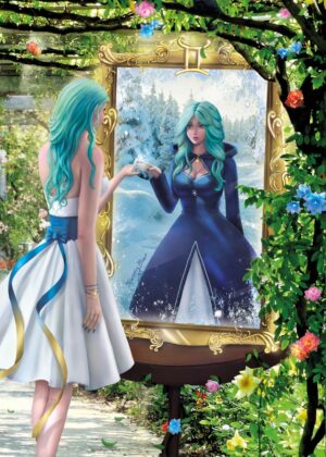 Gemini Zodiac Sign: A Mystical Mirror Reflection - Premium Wooden Framed Poster. Ready to Hang.