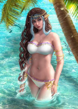 Magical Elf Mizuna in a White Bikini: Water Magic Artwork - Premium Wooden Framed Poster. Ready to Hang.