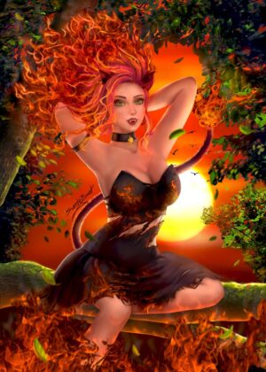 Fiery Liongirl: A Zodiac-Inspired Digital Art Print - Premium Wooden Framed Poster. Ready to Hang.