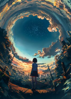 Dreaming of Stars Beyond: Anime Girl at Sunset - Premium Wooden Framed Poster. Ready to Hang.