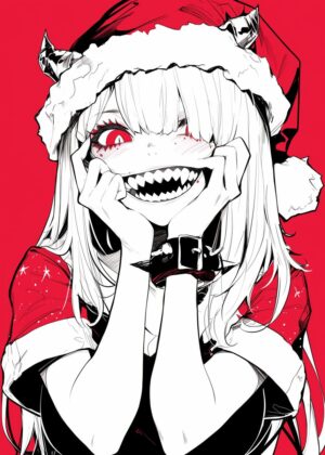 Christmas Demon Girl Art Print - Premium Wooden Framed Poster. Ready to Hang.
