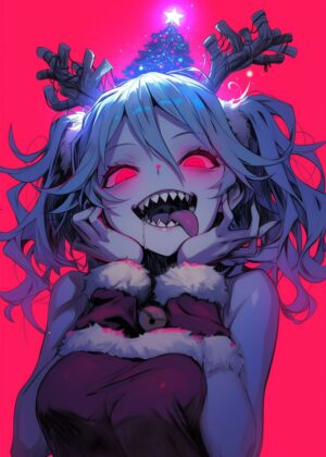 Creepy Cute Christmas Anime Girl Art Print - Premium Wooden Framed Poster. Ready to Hang.