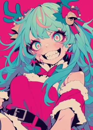 Creepy Cute Christmas Anime Girl Art Print - Premium Wooden Framed Poster. Ready to Hang.