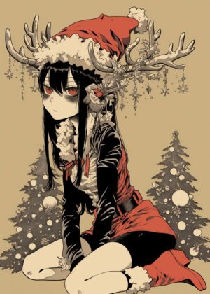 Dark Christmas Anime Girl Art Print - Premium Wooden Framed Poster. Ready to Hang.