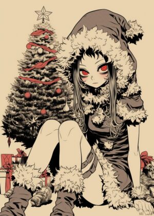 Anime Girl Christmas Illustration: Festive Spirit - Premium Wooden Framed Poster. Ready to Hang.