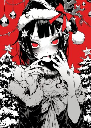 Gothic Christmas Anime Girl Art Print - Premium Wooden Framed Poster. Ready to Hang.