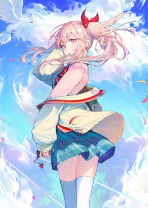 Anime Girl with Pink Hair in a Dreamy Sky - Premium Wooden Framed Poster. Ready to Hang.