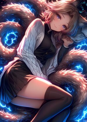 Anime Girl with Nine Tails: Mystical Fantasy Art Print - Premium Wooden Framed Poster. Ready to Hang.