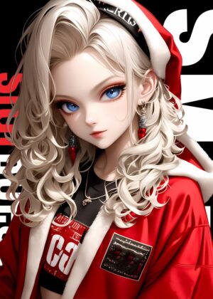 Anime Girl in Festive Red Jacket - Premium Wooden Framed Poster. Ready to Hang.