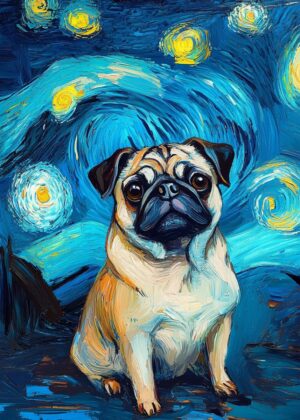 Pug in Van Gogh's Starry Night - Premium Wooden Framed Poster. Ready to Hang.