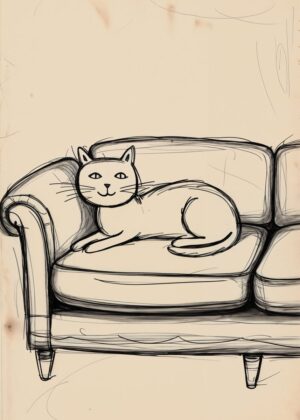 Relaxing Cat on a Couch: A Whimsical Sketch - Premium Wooden Framed Poster. Ready to Hang.