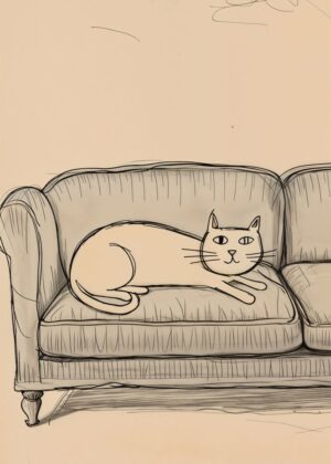 Relaxing Cat on a Couch: A Whimsical Illustration - Premium Wooden Framed Poster. Ready to Hang.