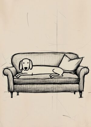 Relaxed Canine Companion: A Whimsical Sketch - Premium Wooden Framed Poster. Ready to Hang.