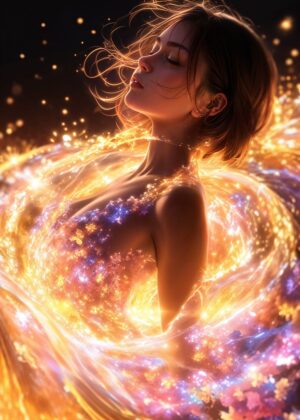 Celestial Embrace: A Woman Bathed in Glowing Light - Premium Wooden Framed Poster. Ready to Hang.