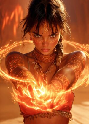Fiery Female Warrior: Digital Art Print - Premium Wooden Framed Poster. Ready to Hang.