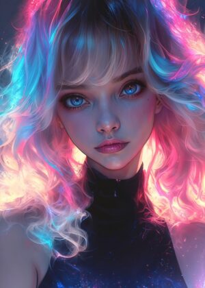Cyberpunk Anime Girl: Neon Dreams - Premium Wooden Framed Poster. Ready to Hang.