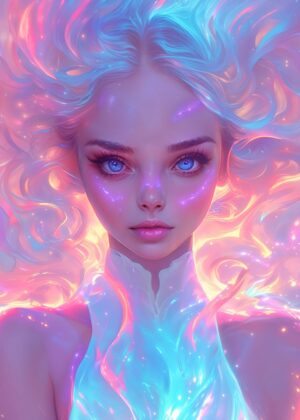 Ethereal Beauty: A Digital Portrait of a Woman with Flowing Blue Hair - Premium Wooden Framed Poster. Ready to Hang.