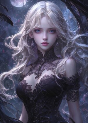 Elegant Woman in Black Lace: A Digital Art Print - Premium Wooden Framed Poster. Ready to Hang.