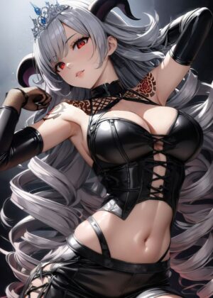 Dark Anime Beauty: Gothic Leather Fantasy Art Print - Premium Wooden Framed Poster. Ready to Hang.