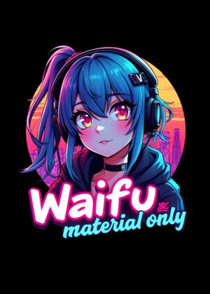 Anime Vaporwave Girl: Waifu Material Only - Premium Wooden Framed Poster. Ready to Hang.