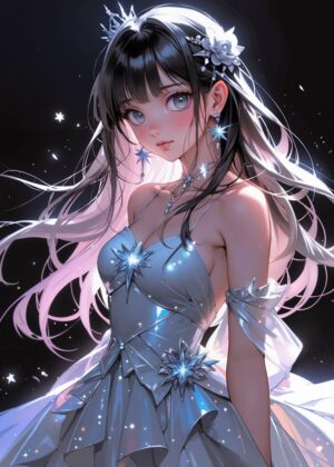 Celestial Beauty: Anime Girl in Starry Gown - Premium Wooden Framed Poster. Ready to Hang.