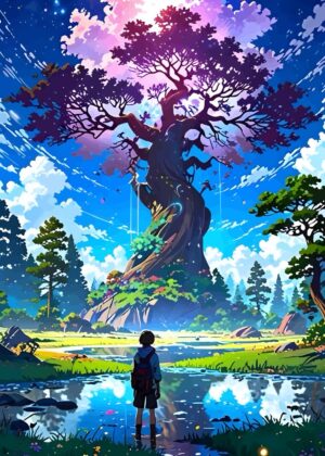 Pastel Fuji: Whimsical Anime Landscape Art Print - Premium Wooden Framed Poster. Ready to Hang.