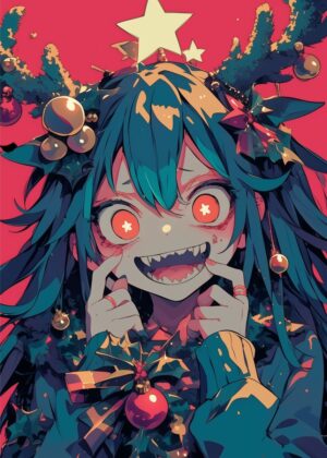 Creepy Cute Christmas Anime Girl Art Print - Premium Wooden Framed Poster. Ready to Hang.