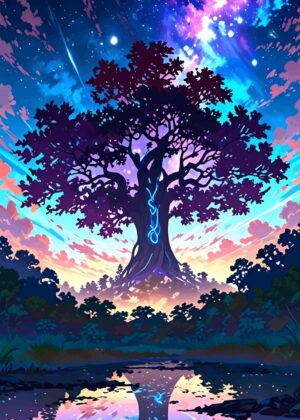 Magical Tree Landscape: A Fantasy Art Print - Premium Wooden Framed Poster. Ready to Hang.