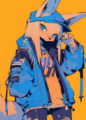 Stylish Furry Girl in Blue Jacket - Premium Wooden Framed Poster. Ready to Hang.