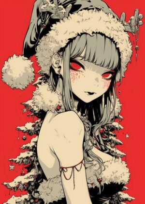 Dark Christmas Anime Girl Art Print - Premium Wooden Framed Poster. Ready to Hang.