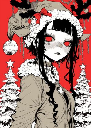 Anime Girl Christmas Illustration: Dark Fairy Aesthetic - Premium Wooden Framed Poster. Ready to Hang.