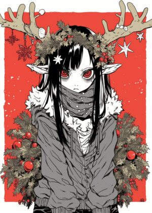 Christmas Elf with Piercing Red Eyes - Premium Wooden Framed Poster. Ready to Hang.