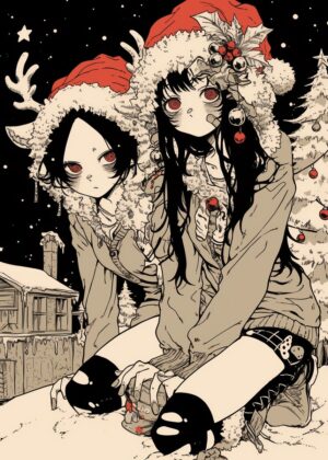Christmas Horror Anime Girls Art Print - Premium Wooden Framed Poster. Ready to Hang.