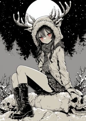Anime Girl with Deer Antlers in Winter Wonderland - Premium Wooden Framed Poster. Ready to Hang.