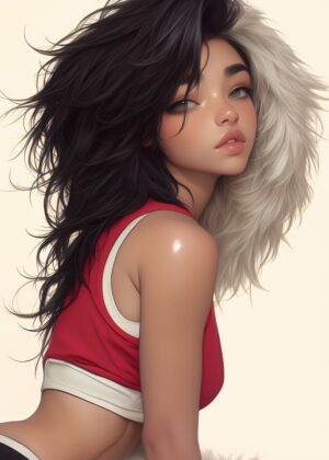 Anime Girl with Two-Tone Hair: Black and White - Premium Wooden Framed Poster. Ready to Hang.