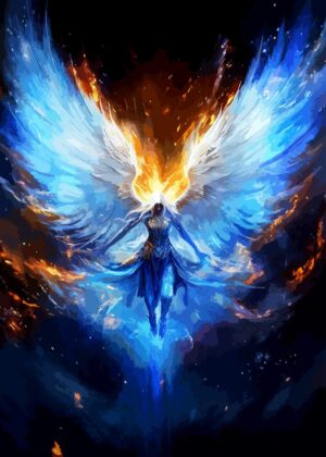 Celestial Seraph: A fiery and icy angel artwork - Premium Wooden Framed Poster. Ready to Hang.