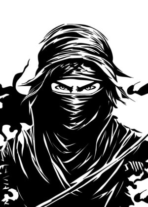 Stealthy Ninja Warrior: A Black and White Masterpiece - Premium Wooden Framed Poster. Ready to Hang.