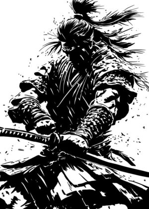 Samurai Warrior: A Black and White Masterpiece - Premium Wooden Framed Poster. Ready to Hang.