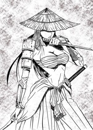 Fierce Female Samurai Warrior: Ink Art Print - Premium Wooden Framed Poster. Ready to Hang.