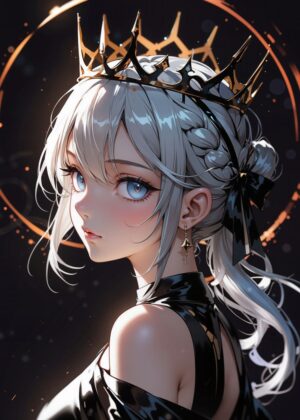 Anime Girl with Crown: Elegant Fantasy Art Print - Premium Wooden Framed Poster. Ready to Hang.