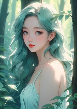 Anime Girl with Emerald Locks - Premium Wooden Framed Poster. Ready to Hang.