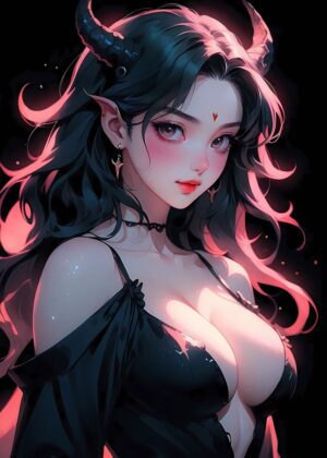 Demon Girl with Horns: Dark Fantasy Art Print - Premium Wooden Framed Poster. Ready to Hang.